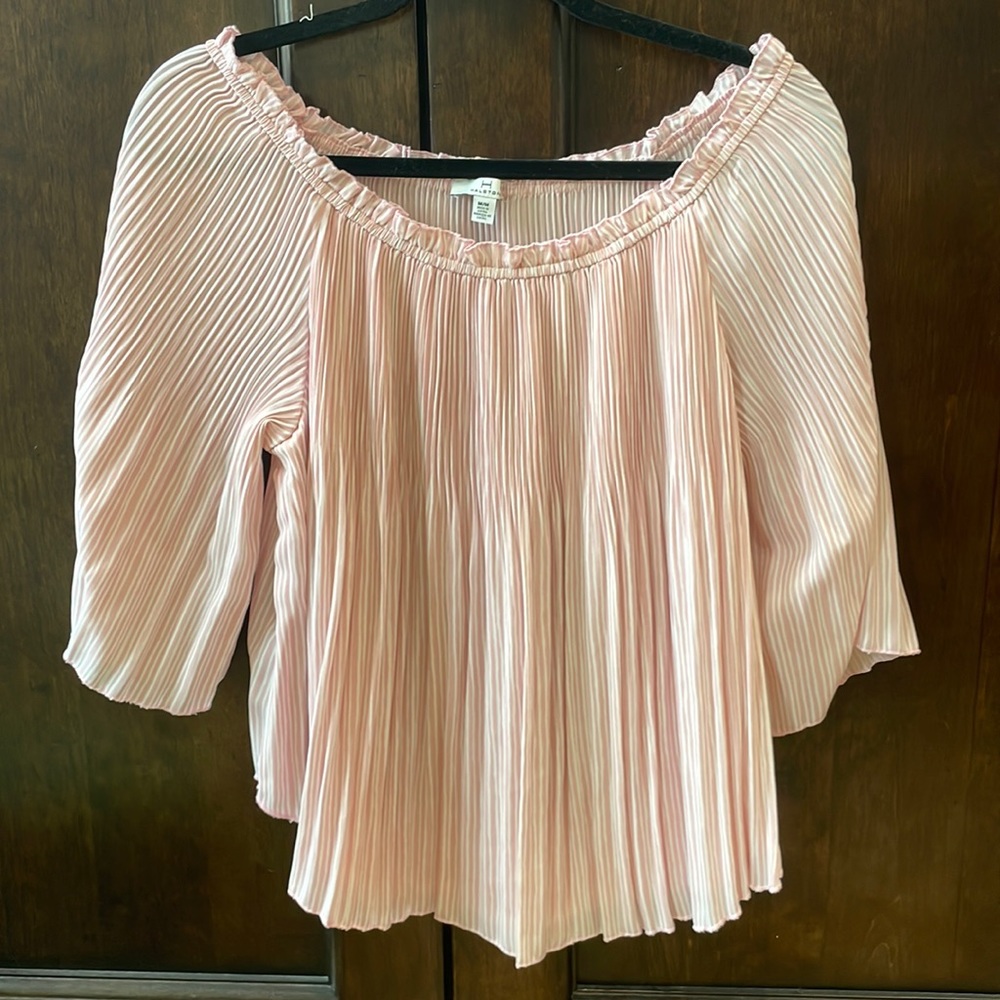 Pink and white off the shoulder blouse